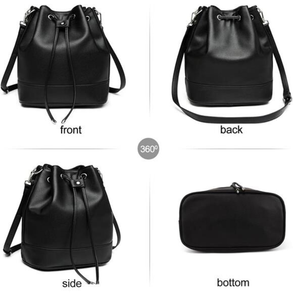 Vegan Leather Bucket Bags and Drawstring Black - Picture 4 of 6
